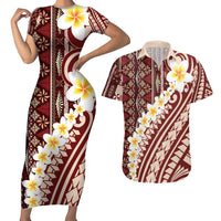 Red Vintage Tonga Ngatu Pattern With Plumeria Couples Matching Short Sleeve Bodycon Dress and Hawaiian Shirt LT05 Red - Polynesian Pride