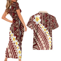Red Vintage Tonga Ngatu Pattern With Plumeria Couples Matching Short Sleeve Bodycon Dress and Hawaiian Shirt LT05 - Polynesian Pride