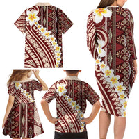 Red Vintage Tonga Ngatu Pattern With Plumeria Family Matching Long Sleeve Bodycon Dress and Hawaiian Shirt LT05 - Polynesian Pride