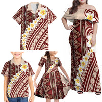 Red Vintage Tonga Ngatu Pattern With Plumeria Family Matching Off Shoulder Maxi Dress and Hawaiian Shirt LT05 - Polynesian Pride