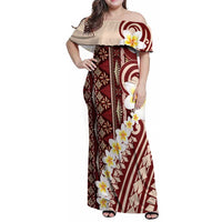 Red Vintage Tonga Ngatu Pattern With Plumeria Family Matching Off Shoulder Maxi Dress and Hawaiian Shirt LT05 Mom's Dress Red - Polynesian Pride
