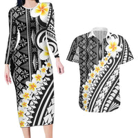 Black Vintage Tonga Ngatu Pattern With Plumeria Couples Matching Long Sleeve Bodycon Dress and Hawaiian Shirt LT05 Black - Polynesian Pride