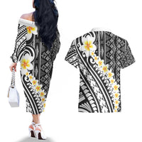 Black Vintage Tonga Ngatu Pattern With Plumeria Couples Matching Off The Shoulder Long Sleeve Dress and Hawaiian Shirt LT05 - Polynesian Pride