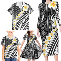 Black Vintage Tonga Ngatu Pattern With Plumeria Family Matching Long Sleeve Bodycon Dress and Hawaiian Shirt LT05 - Polynesian Pride