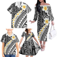 Black Vintage Tonga Ngatu Pattern With Plumeria Family Matching Off The Shoulder Long Sleeve Dress and Hawaiian Shirt LT05 - Polynesian Pride