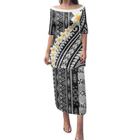 Black Vintage Tonga Ngatu Pattern With Plumeria Family Matching Puletasi and Hawaiian Shirt LT05 Mom's Dress Black - Polynesian Pride
