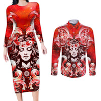 Hawaii Goddess Of Fire Madame Pele Couples Matching Long Sleeve Bodycon Dress and Long Sleeve Button Shirt Polynesian Style LT05 Red - Polynesian Pride