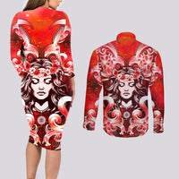 Hawaii Goddess Of Fire Madame Pele Couples Matching Long Sleeve Bodycon Dress and Long Sleeve Button Shirt Polynesian Style LT05 - Polynesian Pride