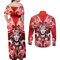 Hawaii Goddess Of Fire Madame Pele Couples Matching Off Shoulder Maxi Dress and Long Sleeve Button Shirt Polynesian Style LT05 - Polynesian Pride