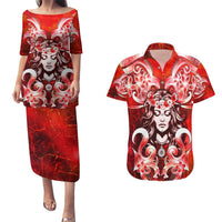 Hawaii Goddess Of Fire Madame Pele Couples Matching Puletasi and Hawaiian Shirt Polynesian Style LT05 Red - Polynesian Pride
