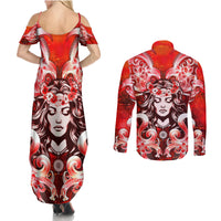 Hawaii Goddess Of Fire Madame Pele Couples Matching Summer Maxi Dress and Long Sleeve Button Shirt Polynesian Style LT05 - Polynesian Pride