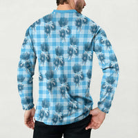 Blue Palaka Hawaii Button Sweatshirt Hawaiian Lehua Blossoms