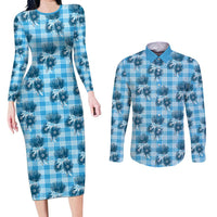 Blue Palaka Hawaii Couples Matching Long Sleeve Bodycon Dress and Long Sleeve Button Shirt Hawaiian Lehua Blossoms LT05 Blue - Polynesian Pride