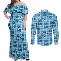 Blue Palaka Hawaii Couples Matching Off Shoulder Maxi Dress and Long Sleeve Button Shirt Hawaiian Lehua Blossoms LT05 Blue - Polynesian Pride