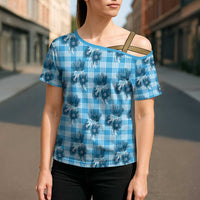 Blue Palaka Hawaii Cross Shoulder Shirt Hawaiian Lehua Blossoms