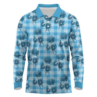 Blue Palaka Hawaii Long Sleeve Polo Shirt Hawaiian Lehua Blossoms