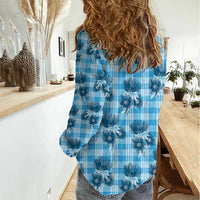 Blue Palaka Hawaii Women Casual Shirt Hawaiian Lehua Blossoms