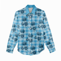Blue Palaka Hawaii Women Casual Shirt Hawaiian Lehua Blossoms