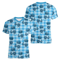 Blue Palaka Hawaii Women V-Neck T-Shirt Hawaiian Lehua Blossoms