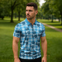 Blue Palaka Hawaii Zipper Polo Shirt Hawaiian Lehua Blossoms