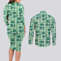 Green Palaka Hawaii Couples Matching Long Sleeve Bodycon Dress and Long Sleeve Button Shirt Hawaiian Lehua Blossoms LT05 - Polynesian Pride