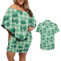 Green Palaka Hawaii Couples Matching Off Shoulder Short Dress and Hawaiian Shirt Hawaiian Lehua Blossoms LT05 Green - Polynesian Pride