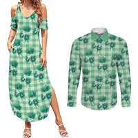Green Palaka Hawaii Couples Matching Summer Maxi Dress and Long Sleeve Button Shirt Hawaiian Lehua Blossoms LT05 Green - Polynesian Pride