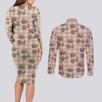 Brown Palaka Hawaii Couples Matching Long Sleeve Bodycon Dress and Long Sleeve Button Shirt Hawaiian Lehua Blossoms LT05 - Polynesian Pride
