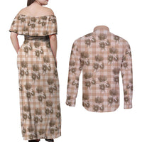 Brown Palaka Hawaii Couples Matching Off Shoulder Maxi Dress and Long Sleeve Button Shirt Hawaiian Lehua Blossoms LT05 - Polynesian Pride
