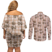 Brown Palaka Hawaii Couples Matching Off Shoulder Short Dress and Long Sleeve Button Shirt Hawaiian Lehua Blossoms LT05 - Polynesian Pride