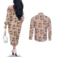 Brown Palaka Hawaii Couples Matching Off The Shoulder Long Sleeve Dress and Long Sleeve Button Shirt Hawaiian Lehua Blossoms LT05 - Polynesian Pride