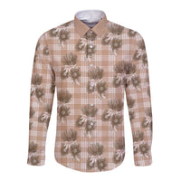 Brown Palaka Hawaii Long Sleeve Button Shirt Hawaiian Lehua Blossoms