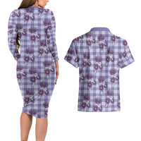 Purple Palaka Hawaii Couples Matching Long Sleeve Bodycon Dress and Hawaiian Shirt Hawaiian Lehua Blossoms LT05 - Polynesian Pride