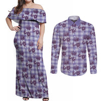 Purple Palaka Hawaii Couples Matching Off Shoulder Maxi Dress and Long Sleeve Button Shirt Hawaiian Lehua Blossoms LT05 Purple - Polynesian Pride
