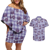 Purple Palaka Hawaii Couples Matching Off Shoulder Short Dress and Hawaiian Shirt Hawaiian Lehua Blossoms LT05 Purple - Polynesian Pride