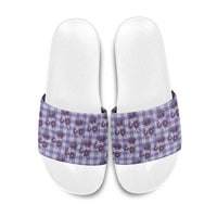 Purple Palaka Hawaii Slide Sandals Hawaiian Lehua Blossoms
