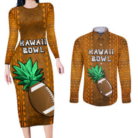 Custom Hawaii Honolulu Football Bowl Couples Matching Long Sleeve Bodycon Dress and Long Sleeve Button Shirt Simple Style LT05 Brown - Polynesian Pride