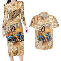 Aloha Hawaii Biker Couples Matching Long Sleeve Bodycon Dress and Hawaiian Shirt Ride To Paradise LT05 Beige - Polynesian Pride