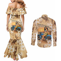 Aloha Hawaii Biker Couples Matching Mermaid Dress and Long Sleeve Button Shirt Ride To Paradise