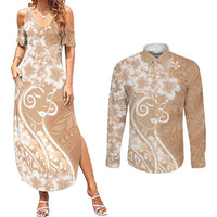 Polynesian Women's Day Couples Matching Summer Maxi Dress and Long Sleeve Button Shirt Brown Hibiscus Flowers With Polynesian Pattern LT05 Brown - Polynesian Pride