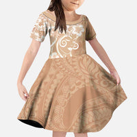Polynesian Women's Day Family Matching Summer Maxi Dress and Hawaiian Shirt Brown Hibiscus Flowers With Polynesian Pattern LT05 Daughter's Dress Brown - Polynesian Pride
