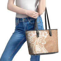 Polynesian Women's Day Leather Tote Bag Brown Hibiscus Flowers With Polynesian Pattern