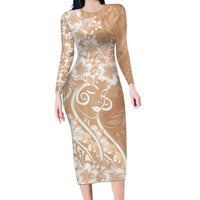 Polynesian Women's Day Long Sleeve Bodycon Dress Brown Hibiscus Flowers With Polynesian Pattern
