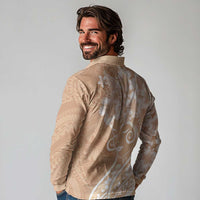 Polynesian Women's Day Long Sleeve Polo Shirt Brown Hibiscus Flowers With Polynesian Pattern