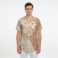Polynesian Women's Day Scrub Top Brown Hibiscus Flowers With Polynesian Pattern