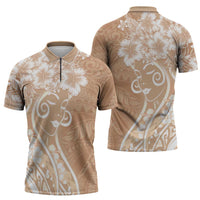 Polynesian Women's Day Zipper Polo Shirt Brown Hibiscus Flowers With Polynesian Pattern