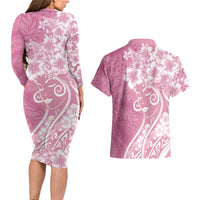 Polynesian Women's Day Couples Matching Long Sleeve Bodycon Dress and Hawaiian Shirt Pink Hibiscus Flowers With Polynesian Pattern LT05 - Polynesian Pride