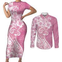 Polynesian Women's Day Couples Matching Short Sleeve Bodycon Dress and Long Sleeve Button Shirt Pink Hibiscus Flowers With Polynesian Pattern LT05 Pink - Polynesian Pride