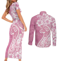 Polynesian Women's Day Couples Matching Short Sleeve Bodycon Dress and Long Sleeve Button Shirt Pink Hibiscus Flowers With Polynesian Pattern LT05 - Polynesian Pride