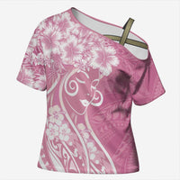 Polynesian Women's Day Cross Shoulder Shirt Pink Hibiscus Flowers With Polynesian Pattern